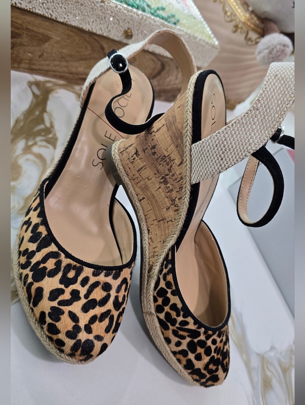 Sole Society Leopard Espadrille Wedge Sandals - Black & Tan Real Fur.